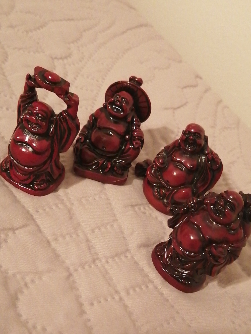 Feng Shui Style 4 Red Cinnabar (?) Laughing Buddha Small Figurines